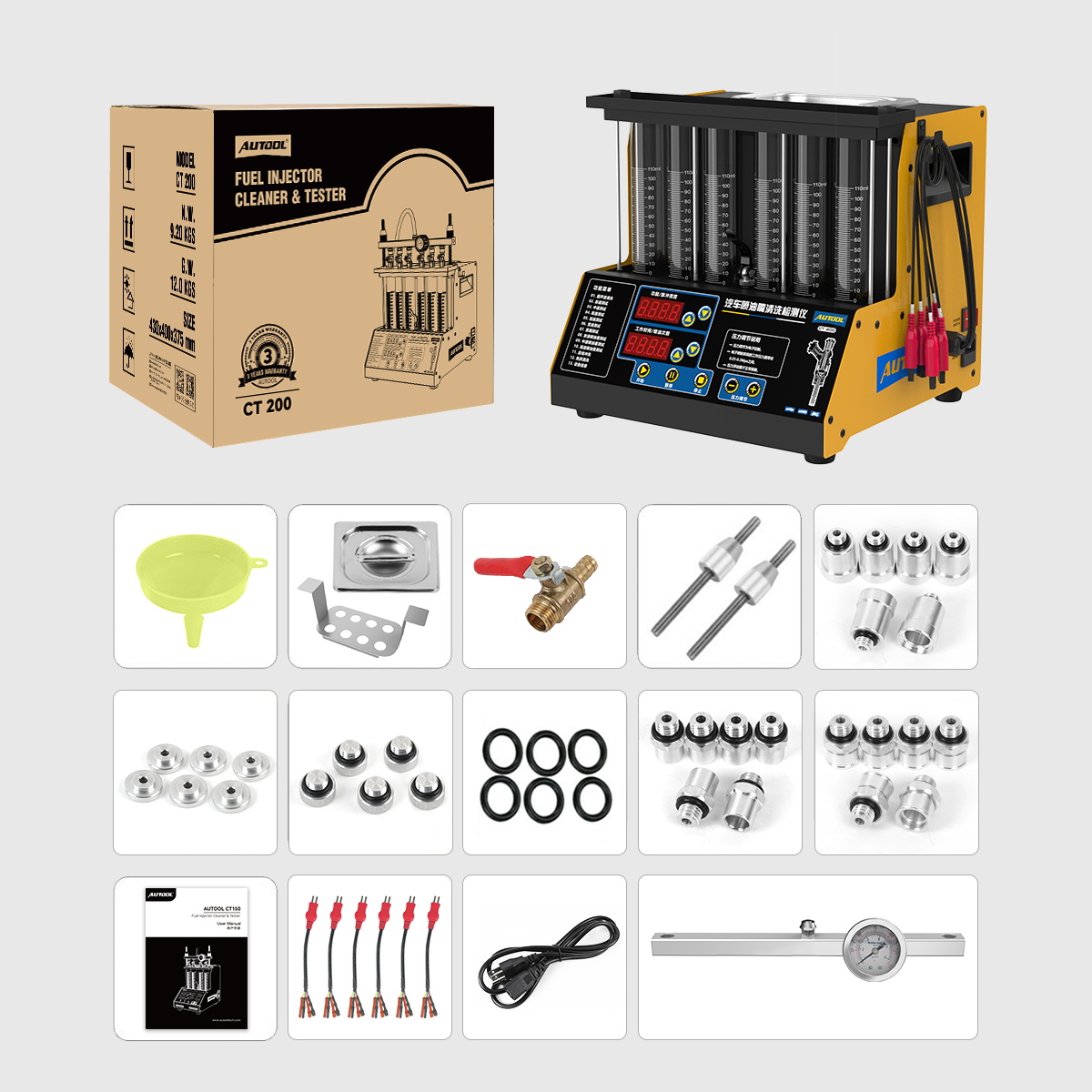AUTOOL CT200 packing list showing main unit, retail box, funnel, cleaning tank cover, valve, lock poles, adapters, seals, O-rings, user manual, signal wires, power cable, and fuel rail with pressure gauge