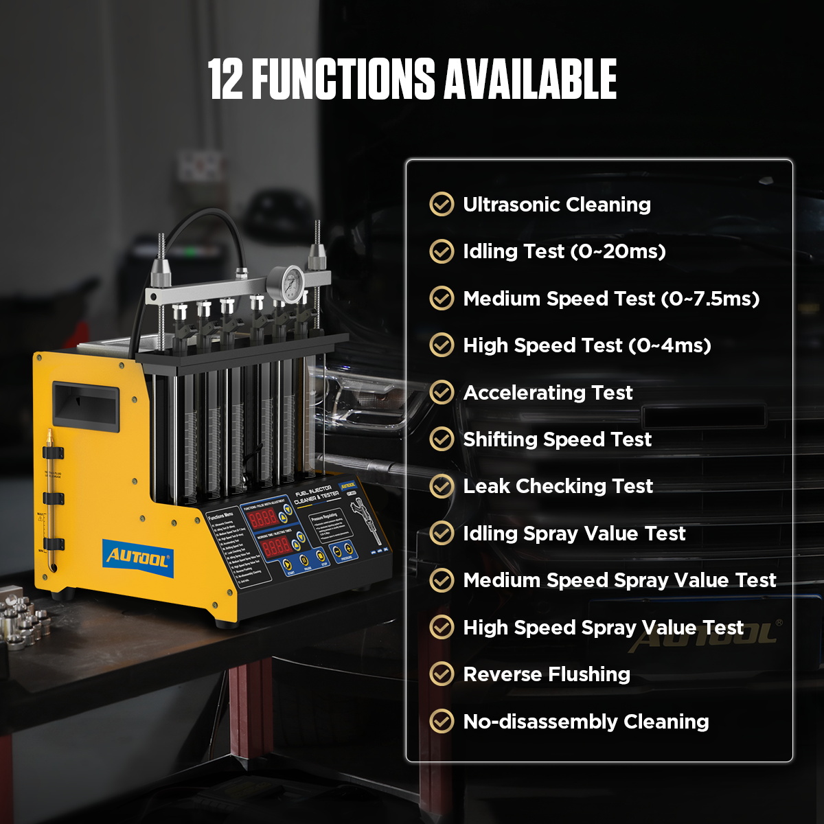AUTOOL CT200 12 functions available including ultrasonic cleaning, idle test, medium speed test, high speed test, accelerating test, shifting speed test, leak checking, spray value tests, reverse flushing, and no-disassembly cleaning