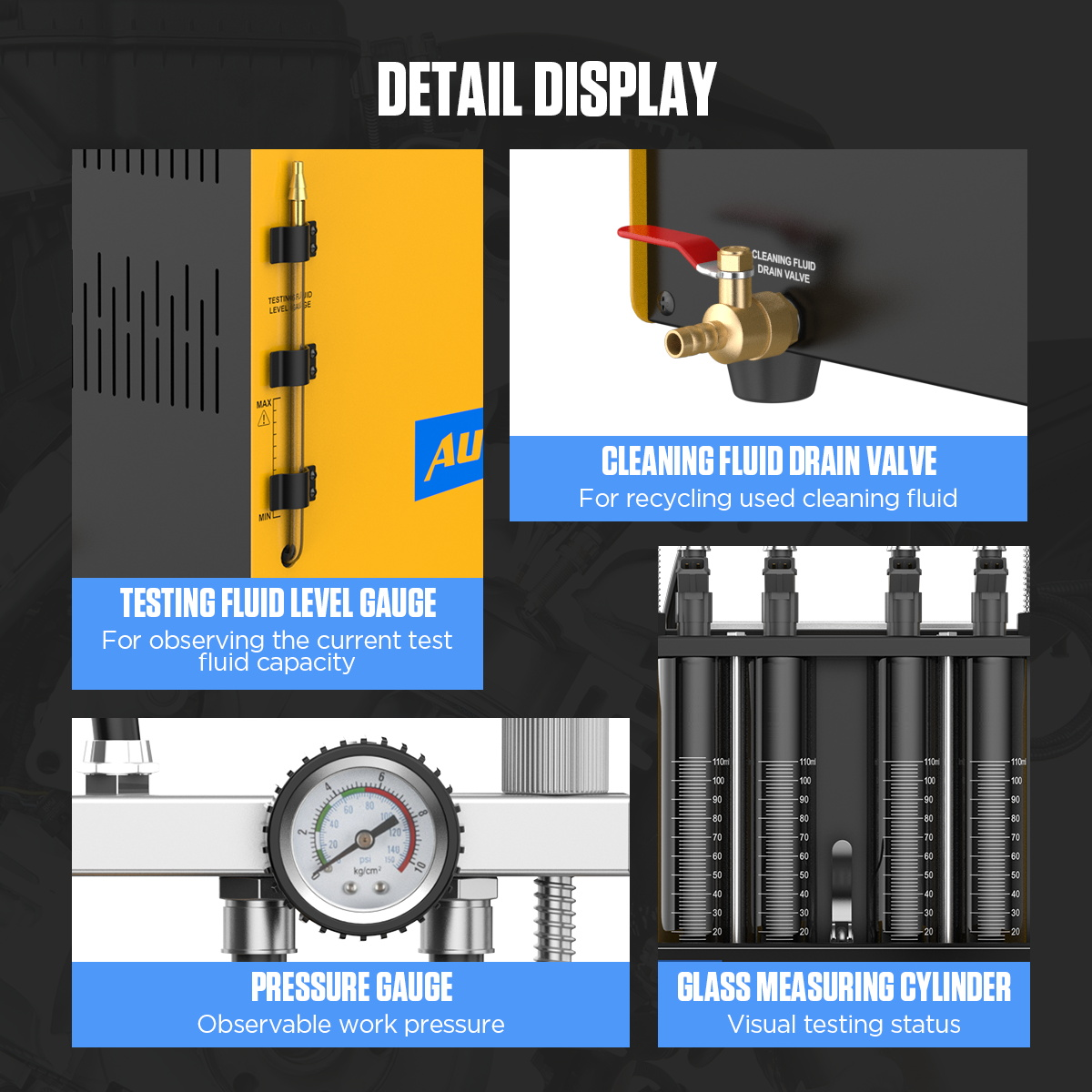 AUTOOL CT150 detail display showing testing fluid level gauge cleaning fluid drain valve pressure gauge and glass measuring cylinders