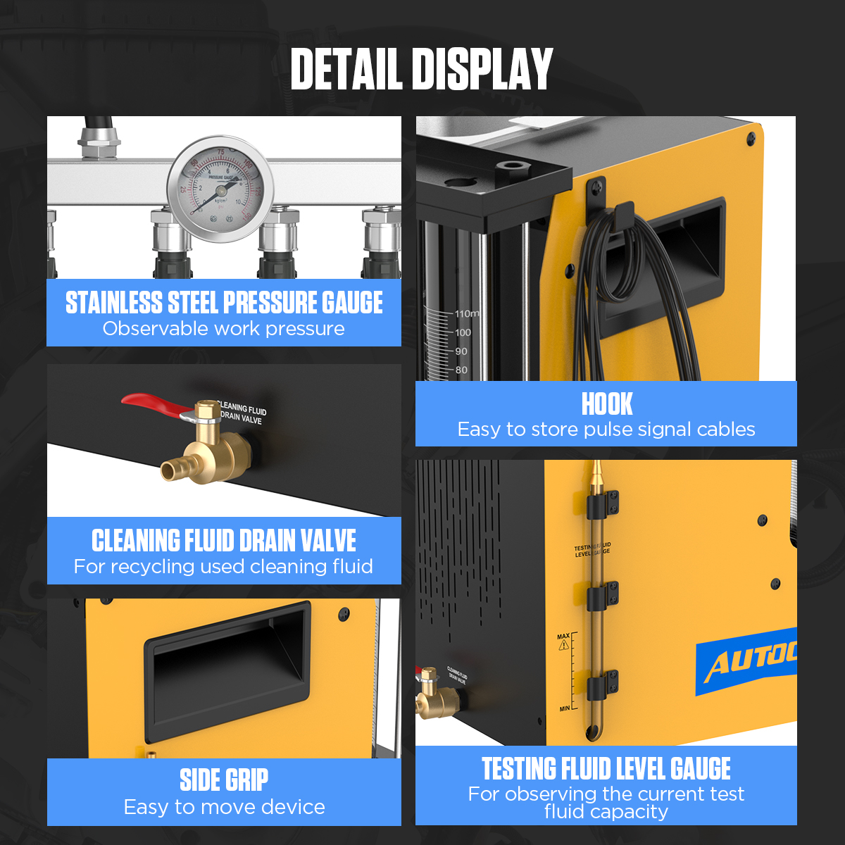AUTOOL CT200 detail display including pressure gauge, hook, cleaning fluid drain valve, side grip, and testing fluid level gauge