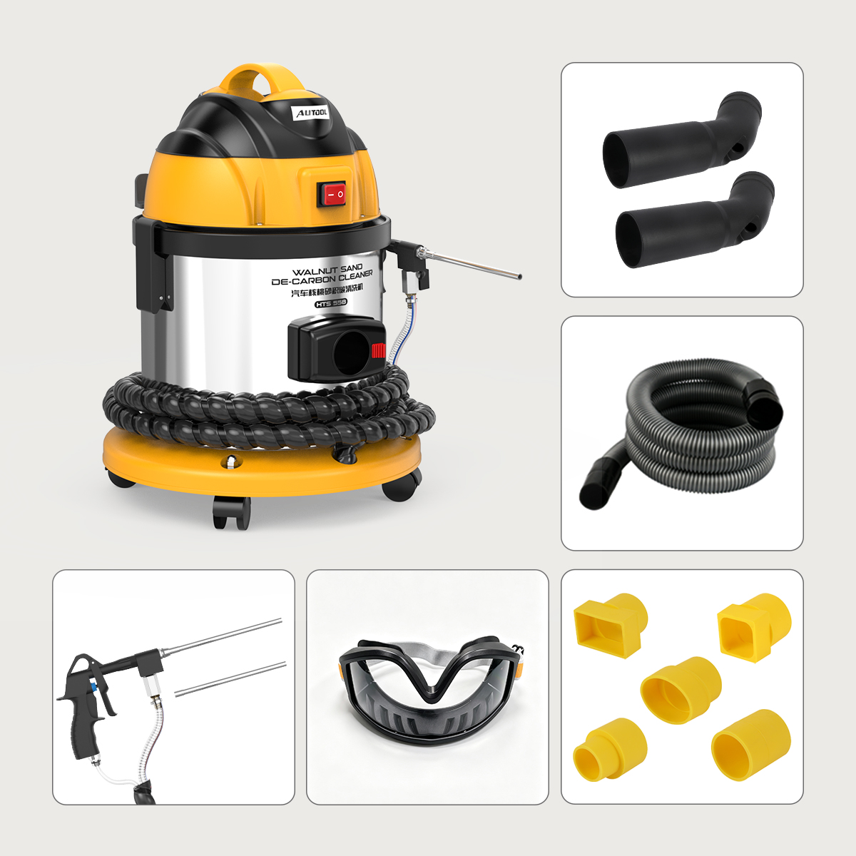 AUTOOL HTS558 packing list with main unit, spray gun, hose, goggles, and adapters