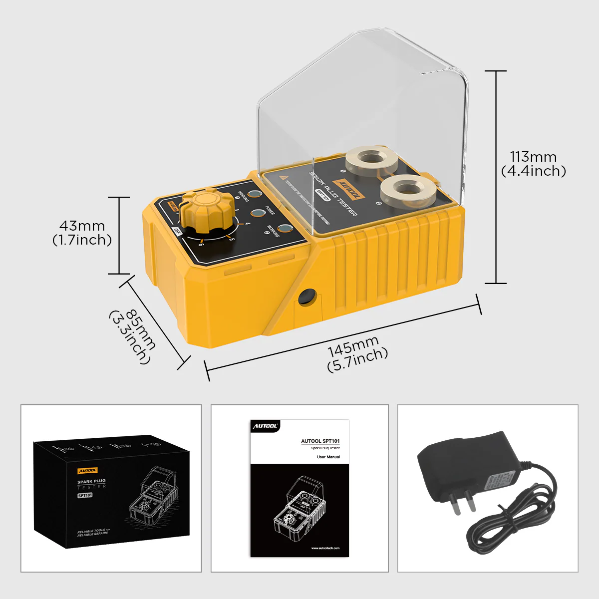 AUTOOL SPT101 packing list with main unit retail box user manual and power adapter