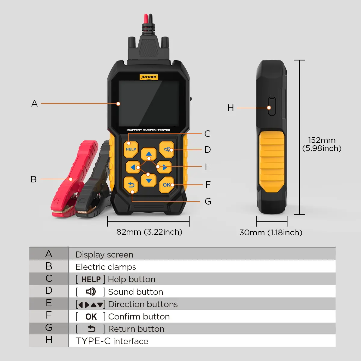 AUTOOL BT460 product structure dimensions display screen electric clamps buttons and Type-C interface