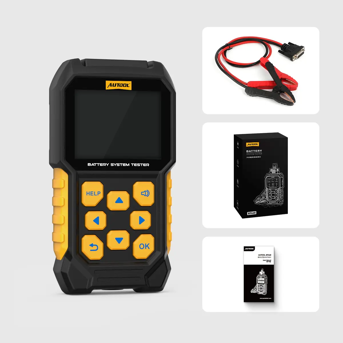 AUTOOL BT460 packing list showing battery tester main unit battery clamp cable user manual and retail box