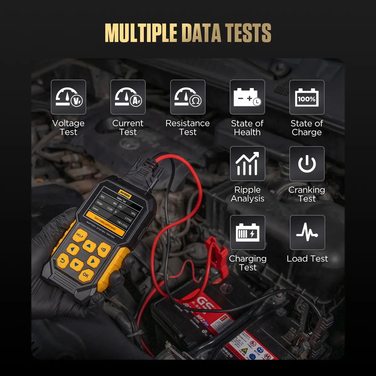 AUTOOL BT460 multiple data tests for voltage current resistance state of health state of charge ripple cranking charging and load test