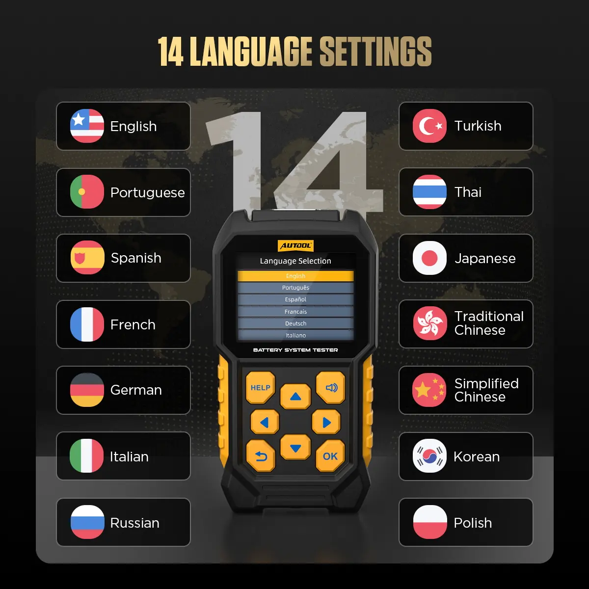 AUTOOL BT460 14 language settings including English Spanish French German Italian Russian Portuguese Turkish Thai Japanese Korean Polish and Chinese