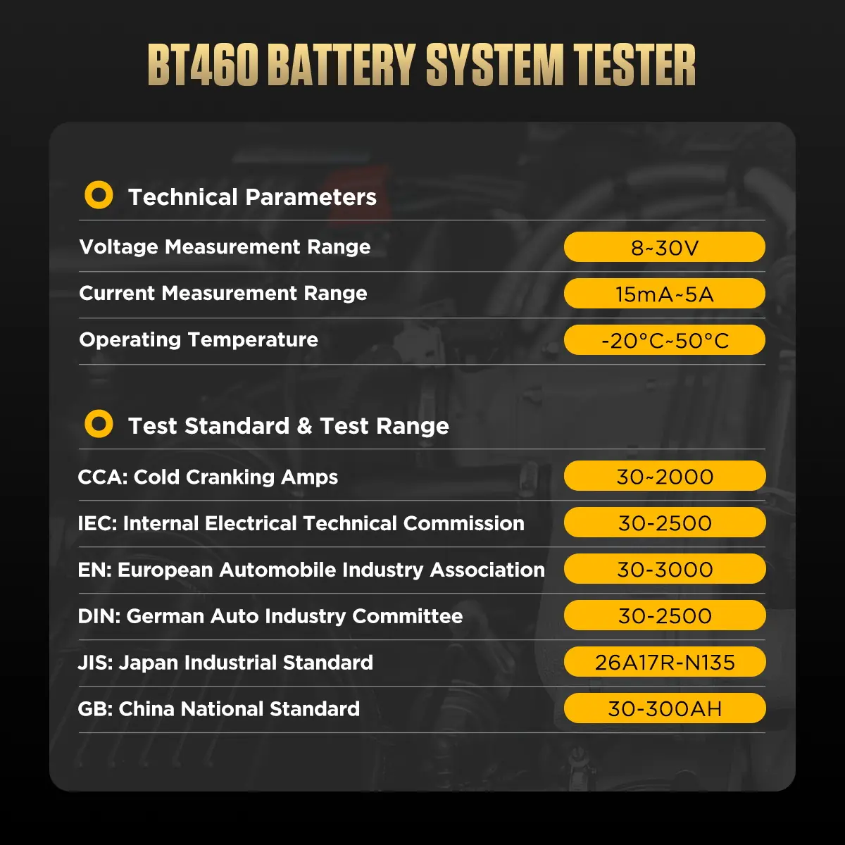 AUTOOL BT460 technical parameters and test standards including voltage current operating temperature CCA IEC EN DIN JIS and GB