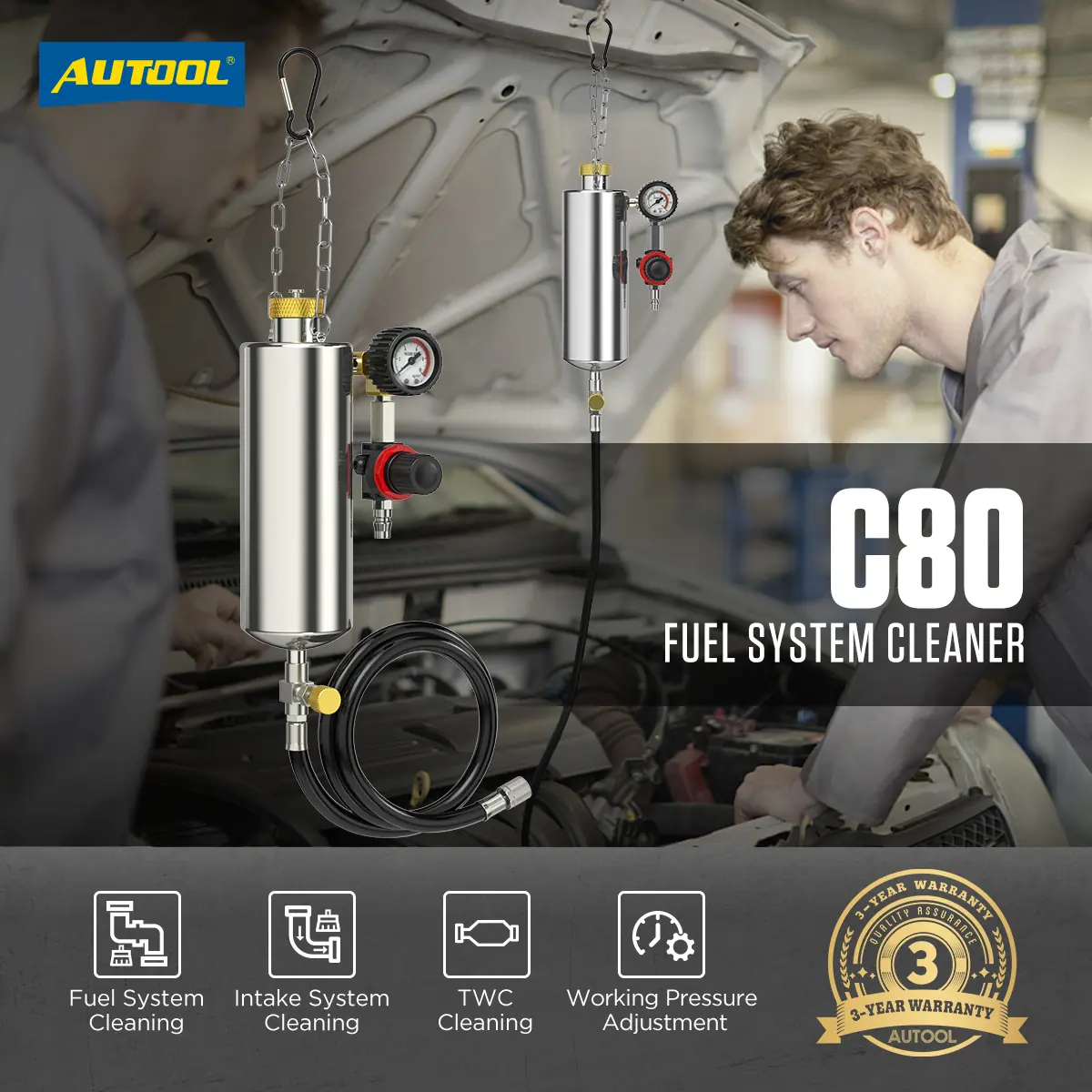 AUTOOL C80 fuel system cleaner main product image showing fuel system cleaning intake system cleaning TWC cleaning working pressure adjustment and 3-year warranty