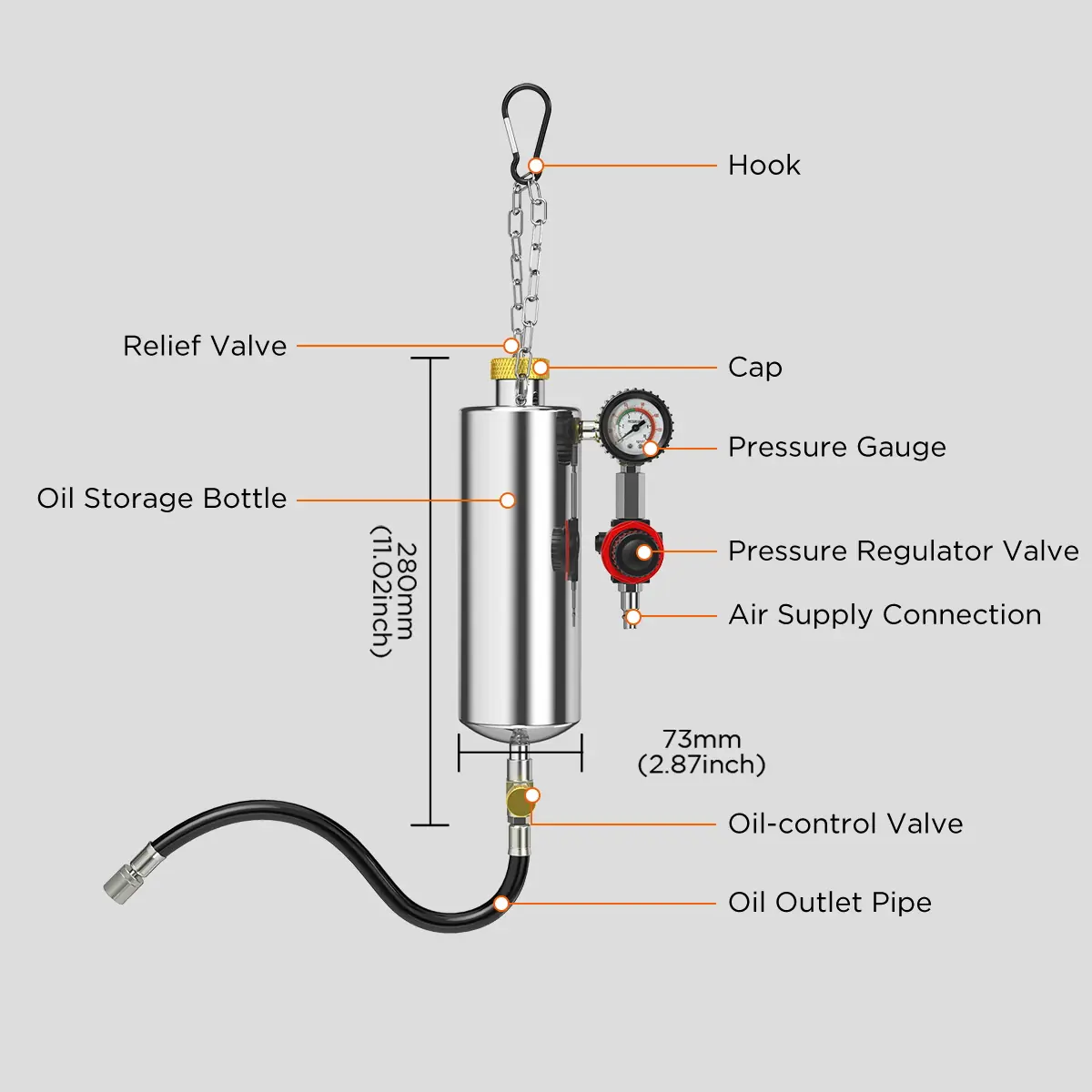 AUTOOL C80 product detail diagram showing hook relief valve cap pressure gauge pressure regulator valve air supply connection oil-control valve oil outlet pipe oil storage bottle 280mm height and 73mm diameter