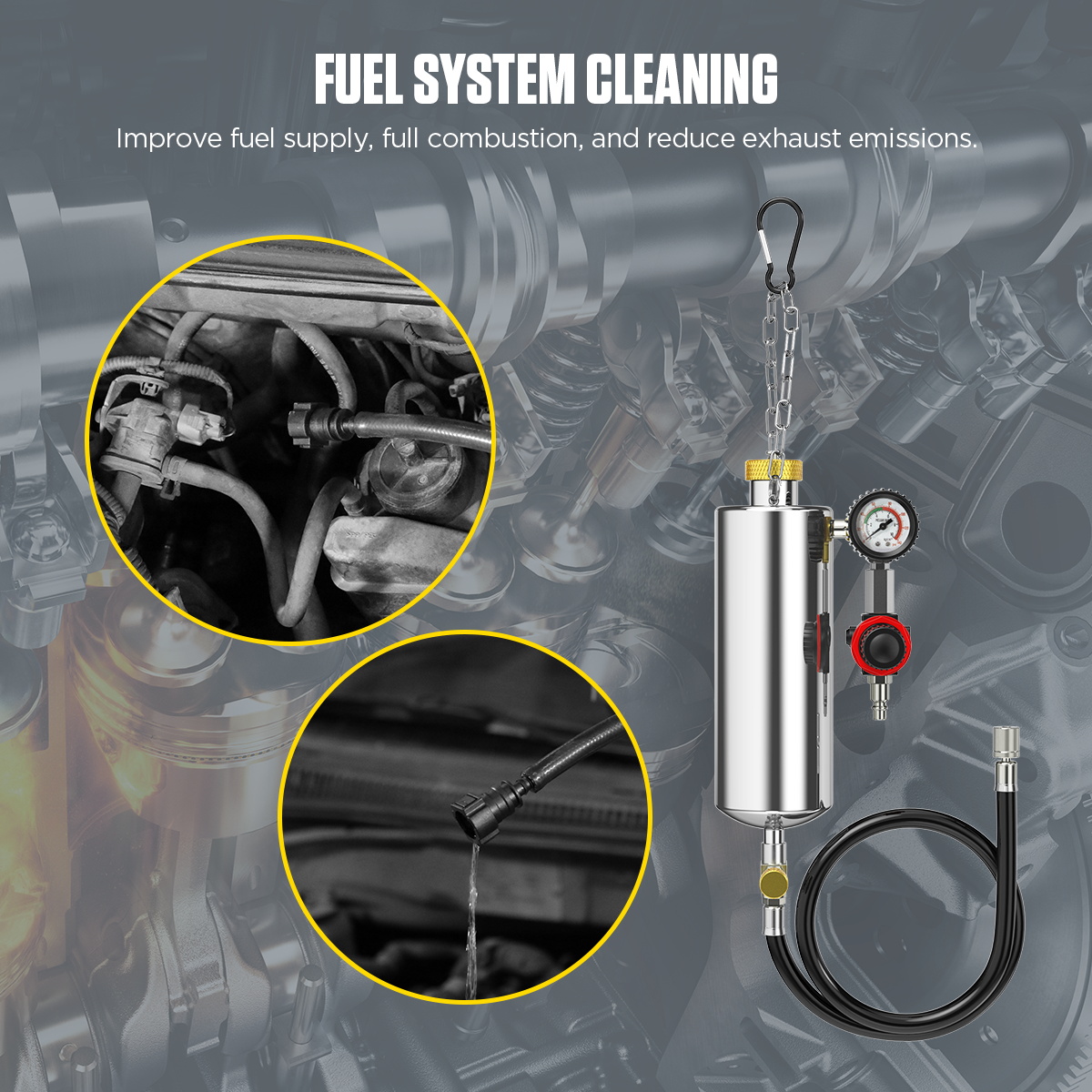 AUTOOL C80 fuel system cleaning feature showing fuel supply combustion and exhaust emission benefits