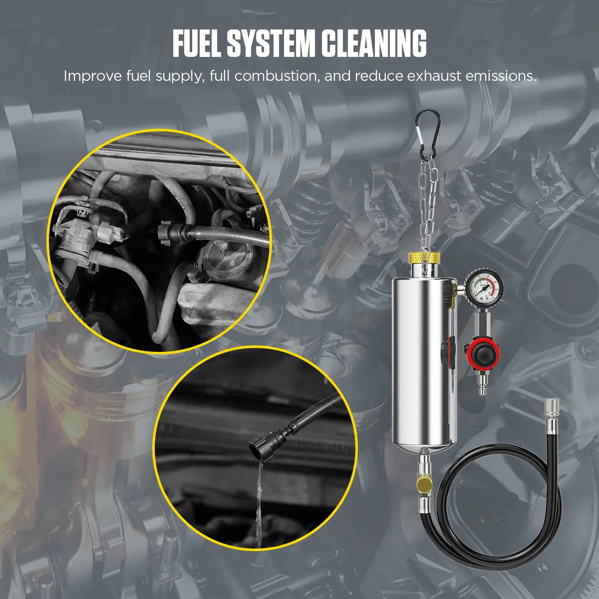 AUTOOL C80 fuel system cleaning feature showing fuel supply combustion and exhaust emission benefits