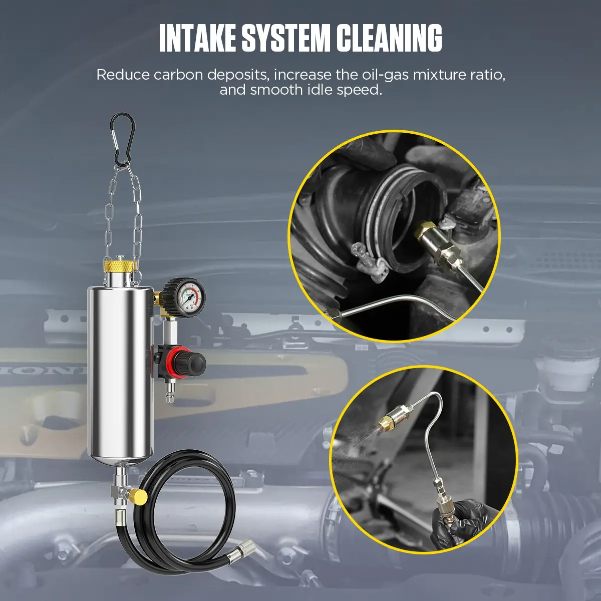 AUTOOL C80 intake system cleaning feature showing carbon deposit reduction oil gas mixture ratio and idle speed improvement