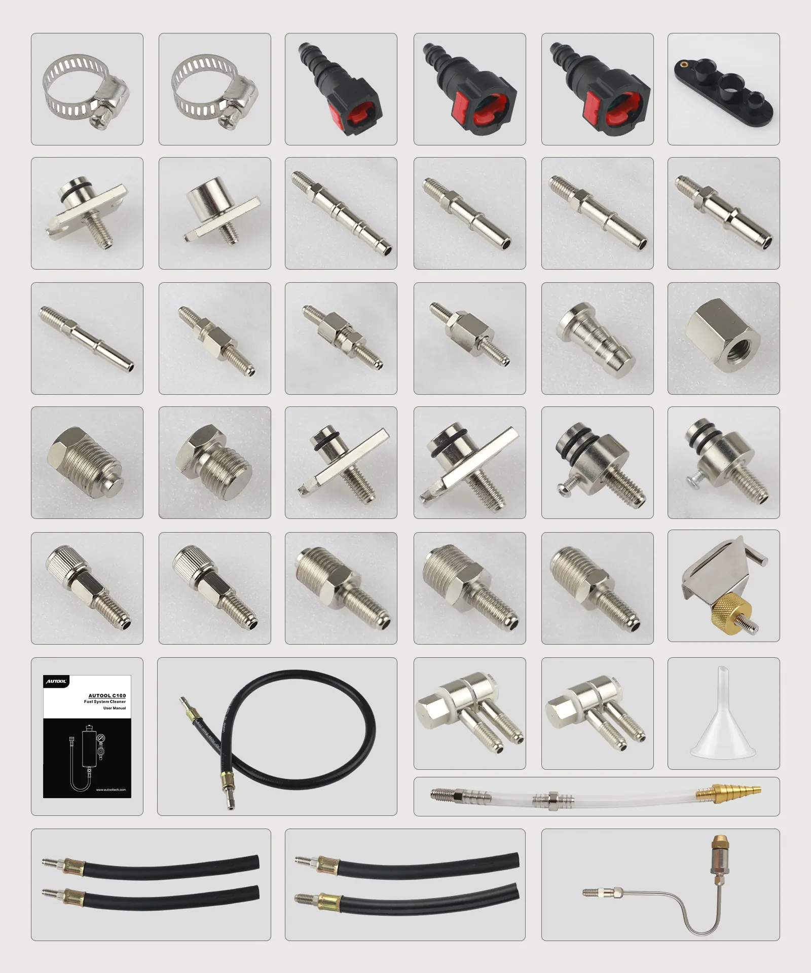 AUTOOL C80 packing list image showing adapter kits hoses connector accessories manual funnel and cleaning accessories