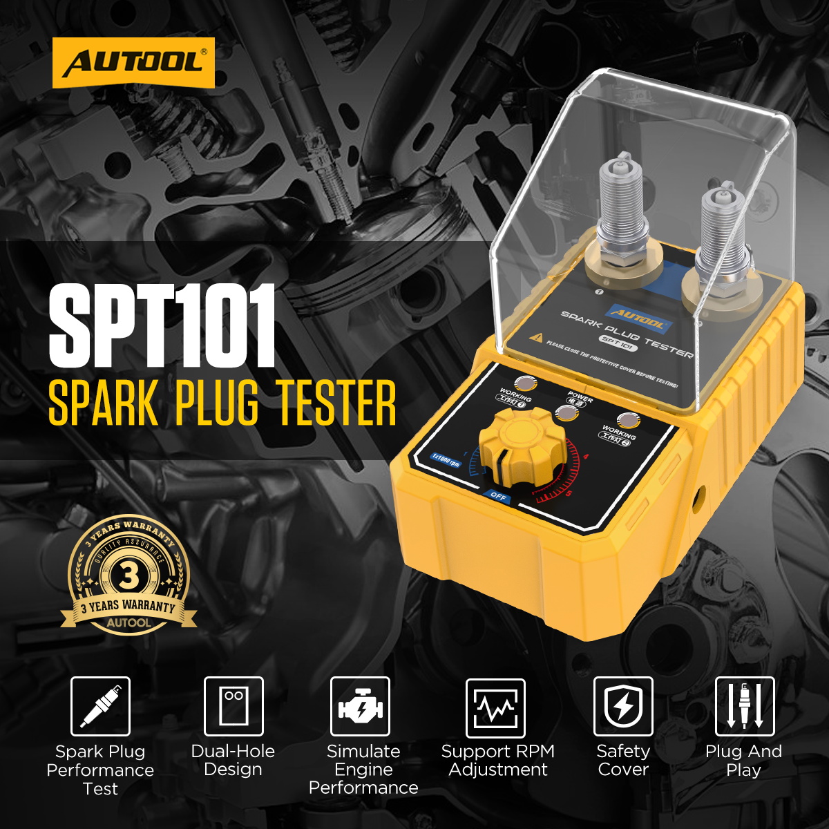 AUTOOL SPT101 spark plug tester main product image with dual-hole testing and RPM adjustment features