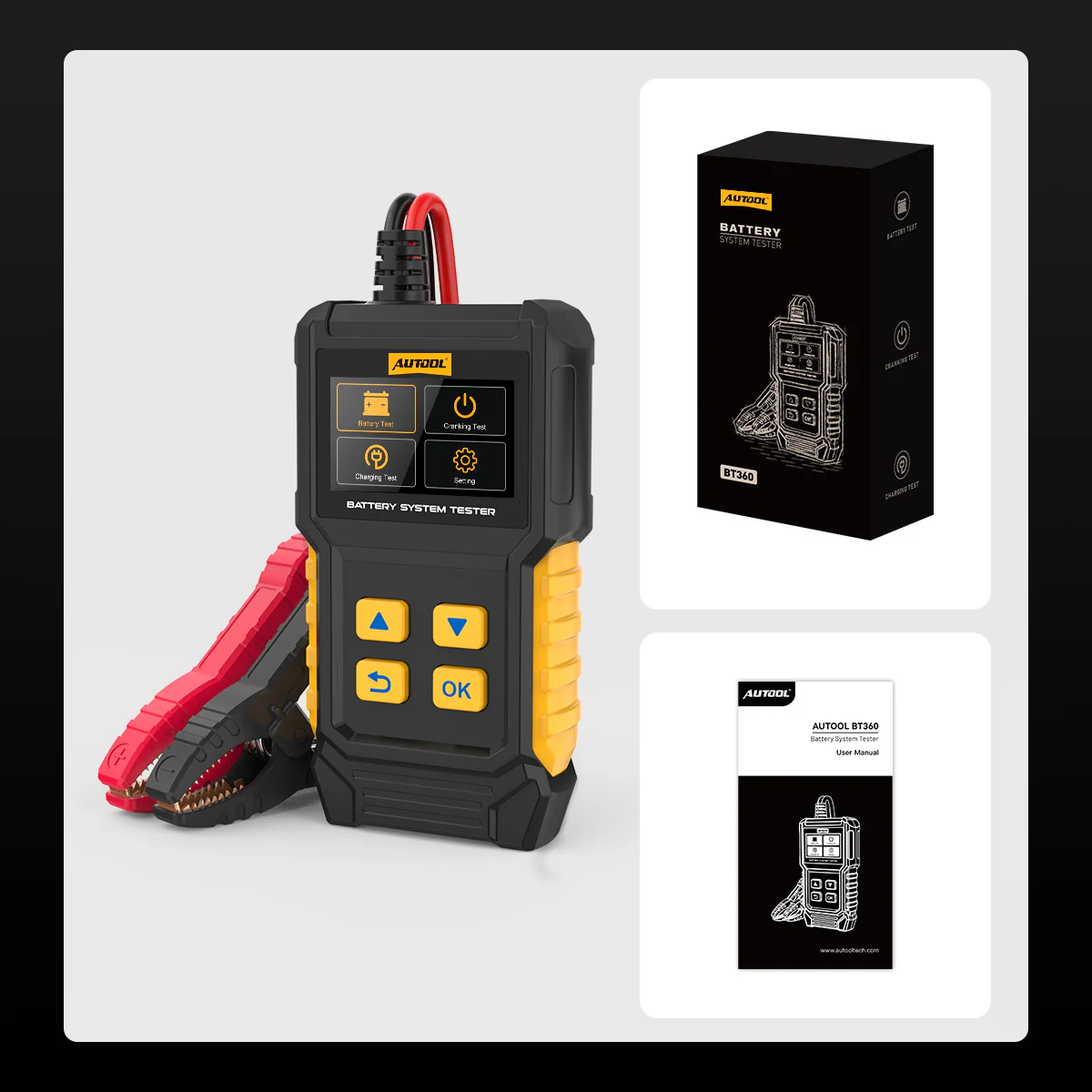 AUTOOL BT360 packing list image with battery system tester retail box and user manual