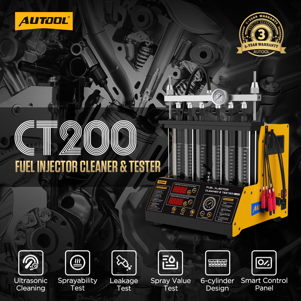 AUTOOL CT200 ultrasonic fuel injector tester machine for 6 cylinder EFI injectors
