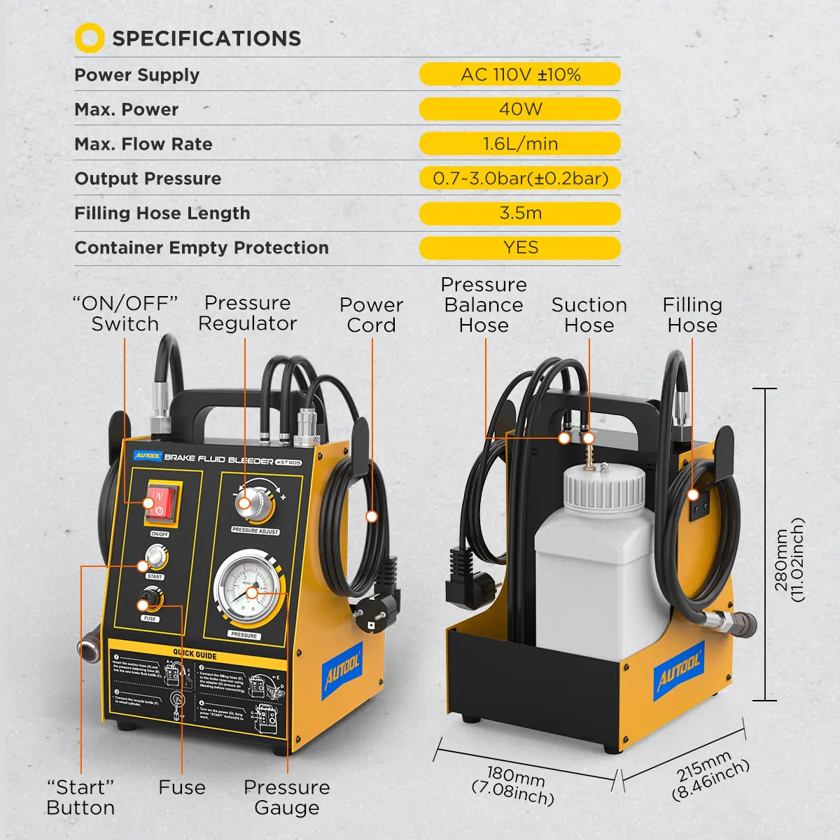 AUTOOL AST605 specifications image showing AC power version 40W 1.6L per minute 0.7 to 3.0bar pressure 3.5m hose and product dimensions