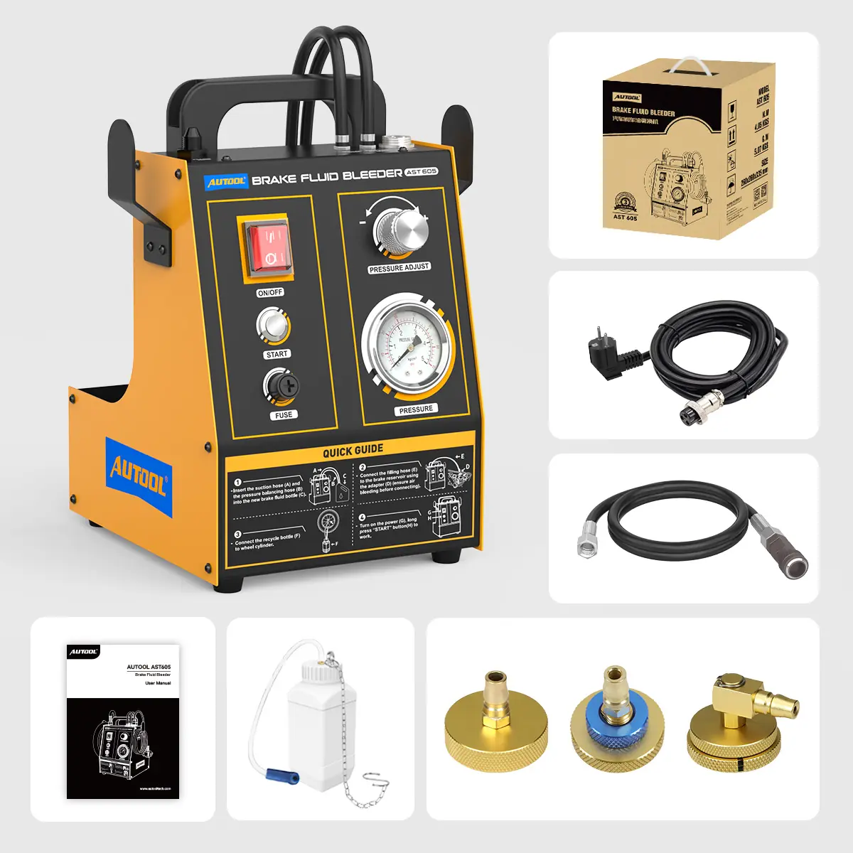 AUTOOL AST605 packing list with brake fluid bleeder machine retail box power cord hoses user manual bottle and adapters