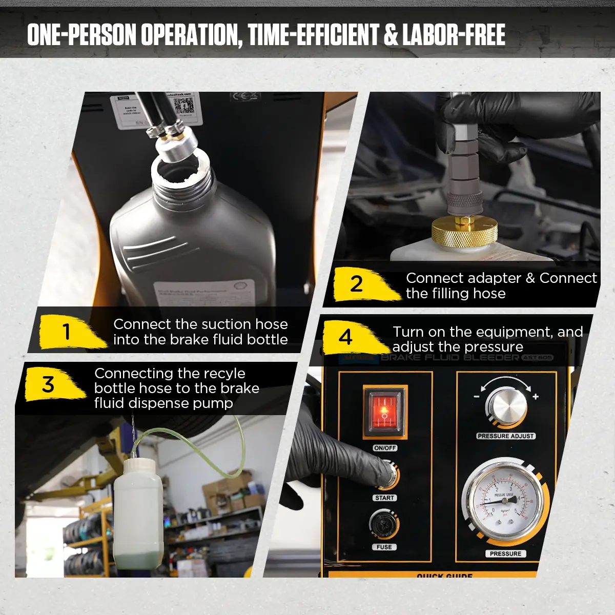 AUTOOL AST605 one-person operation steps showing suction hose adapter recycle bottle and pressure adjustment