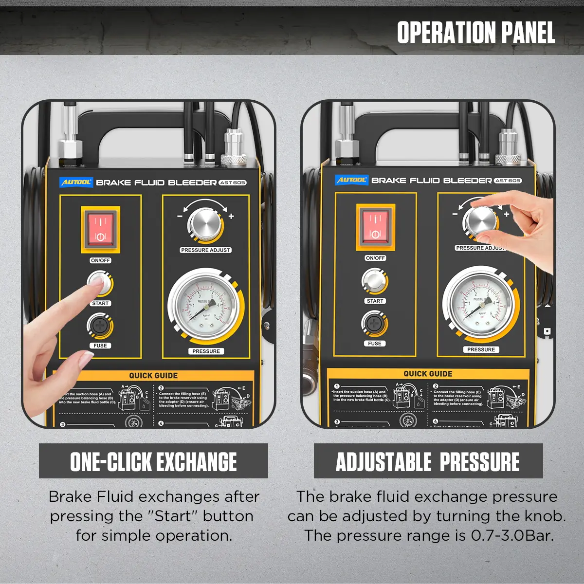AUTOOL AST605 operation panel with one-click exchange and adjustable pressure