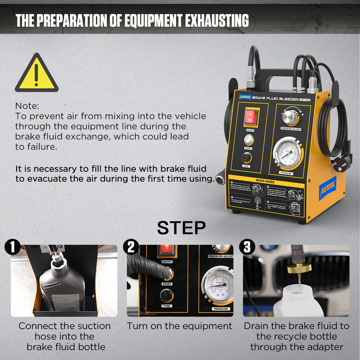 AUTOOL AST605 first-use equipment exhausting preparation showing line filling to prevent air mixing