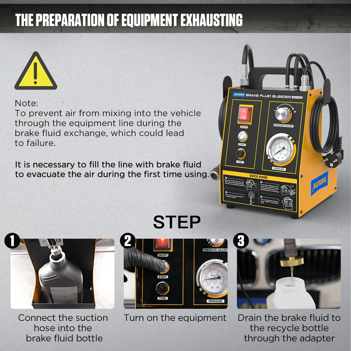 AUTOOL AST605 first-use equipment exhausting preparation showing line filling to prevent air mixing