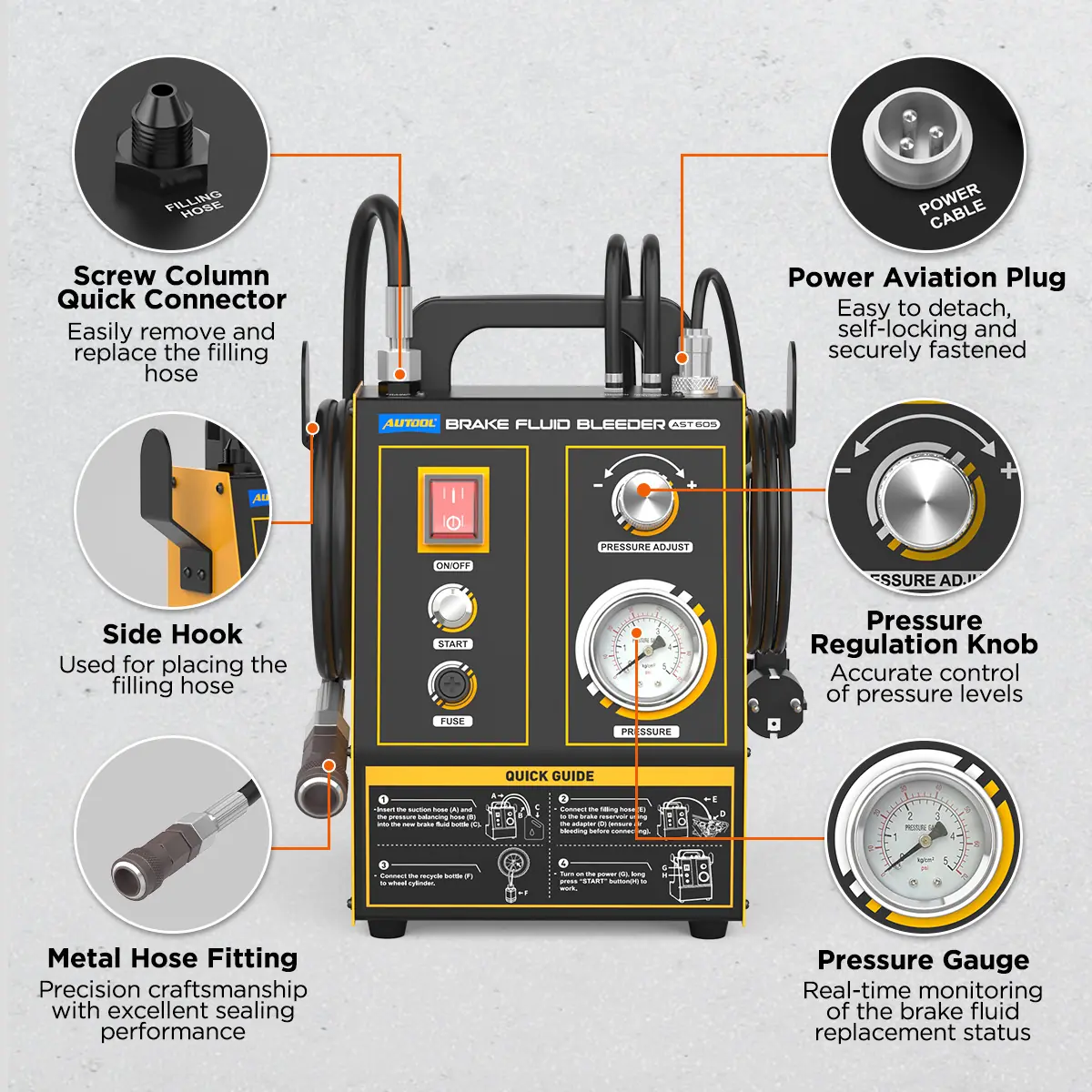 AUTOOL AST605 product detail diagram showing power aviation plug pressure regulator pressure gauge hose fittings and side hooks