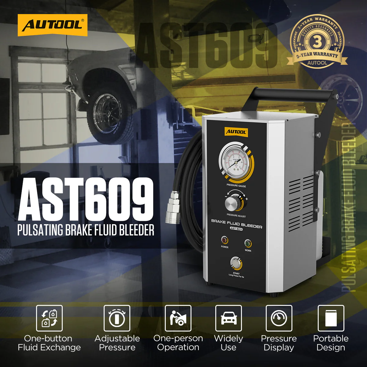 AUTOOL AST609 Imagen principal del producto: purgador de líquido de frenos pulsante con cambio de líquido mediante un botón, presión ajustable y pantalla de presión.