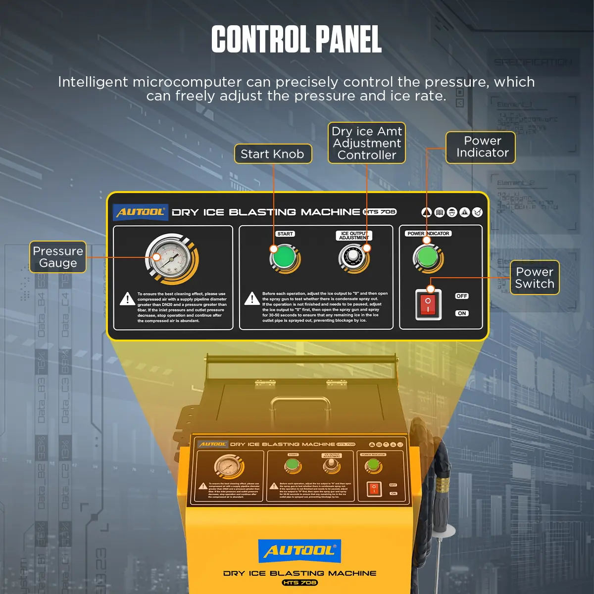 AUTOOL HTS708 control panel with pressure gauge start knob dry ice amount adjustment controller power indicator and power switch