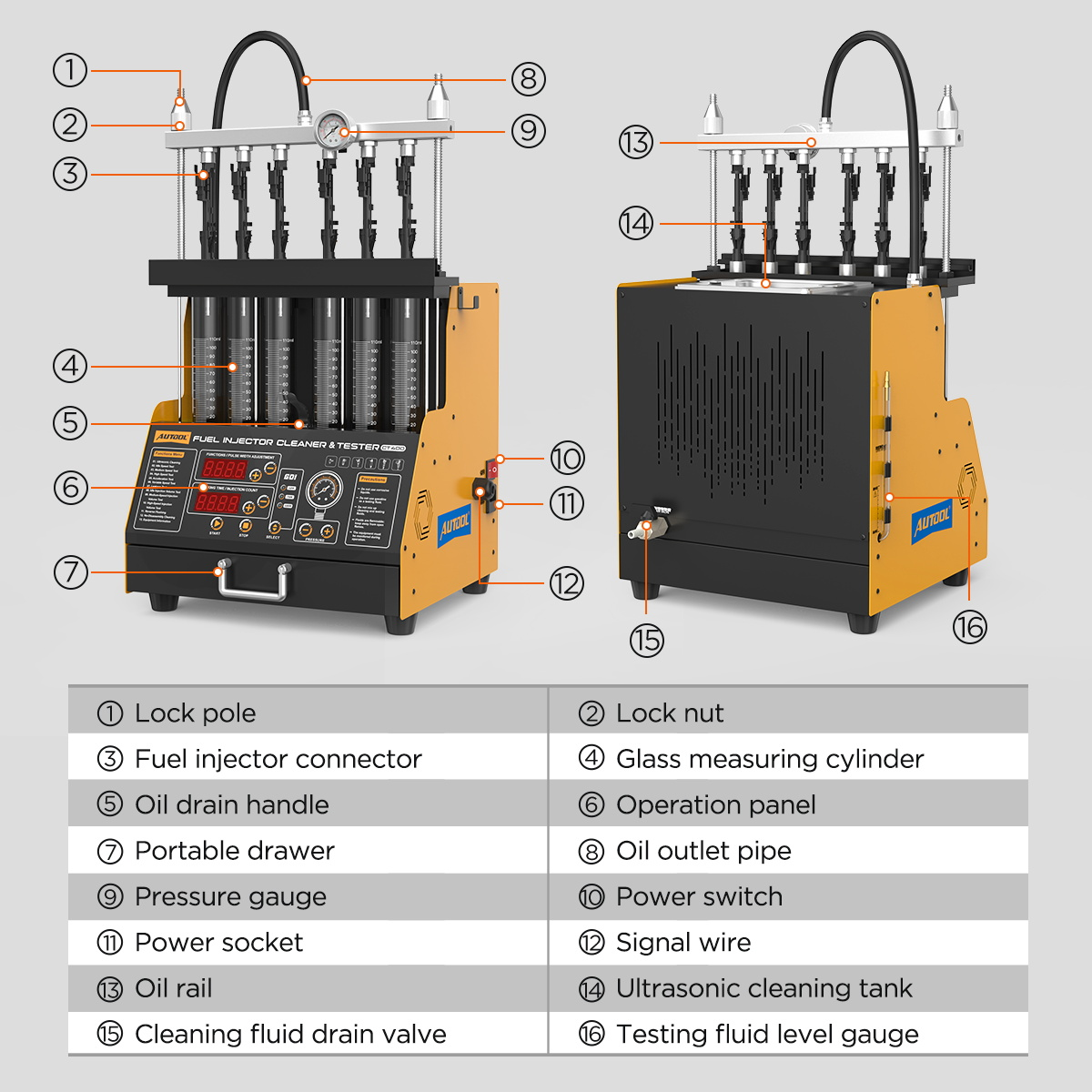 AUTOOL CT400 product structure diagram showing lock pole injector connector glass measuring cylinder panel pressure gauge drawer oil rail and ultrasonic cleaning tank