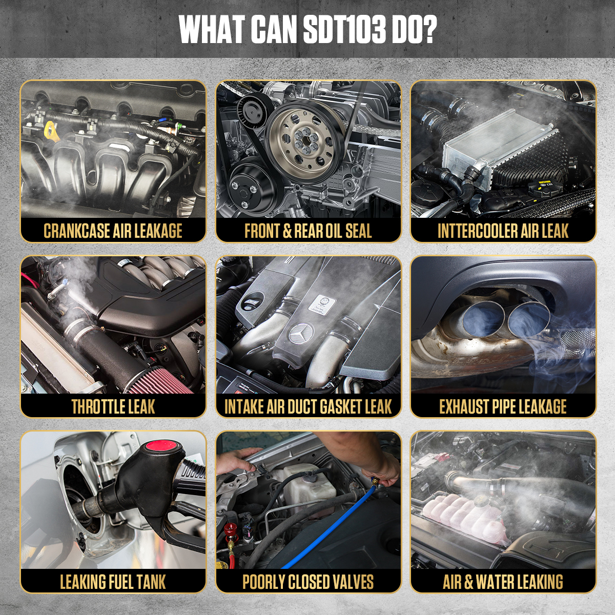 AUTOOL SDT103 supported leak detection areas including crankcase oil seal intercooler throttle intake exhaust fuel tank valves and air water leakage