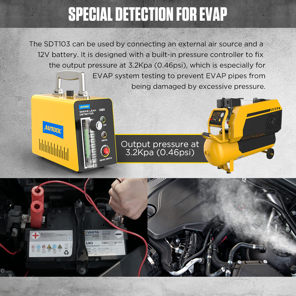 AUTOOL SDT103 EVAP detection with external air source 12V battery and 3.2kPa output pressure