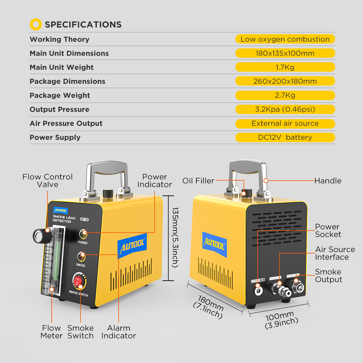 AUTOOL SDT103 specifications image with dimensions weight output pressure external air source and DC12V battery power