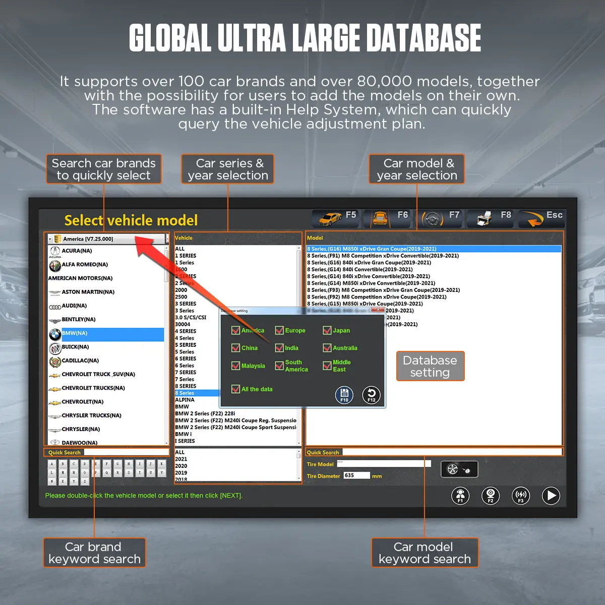 AUTOOL XC505 global vehicle database search interface