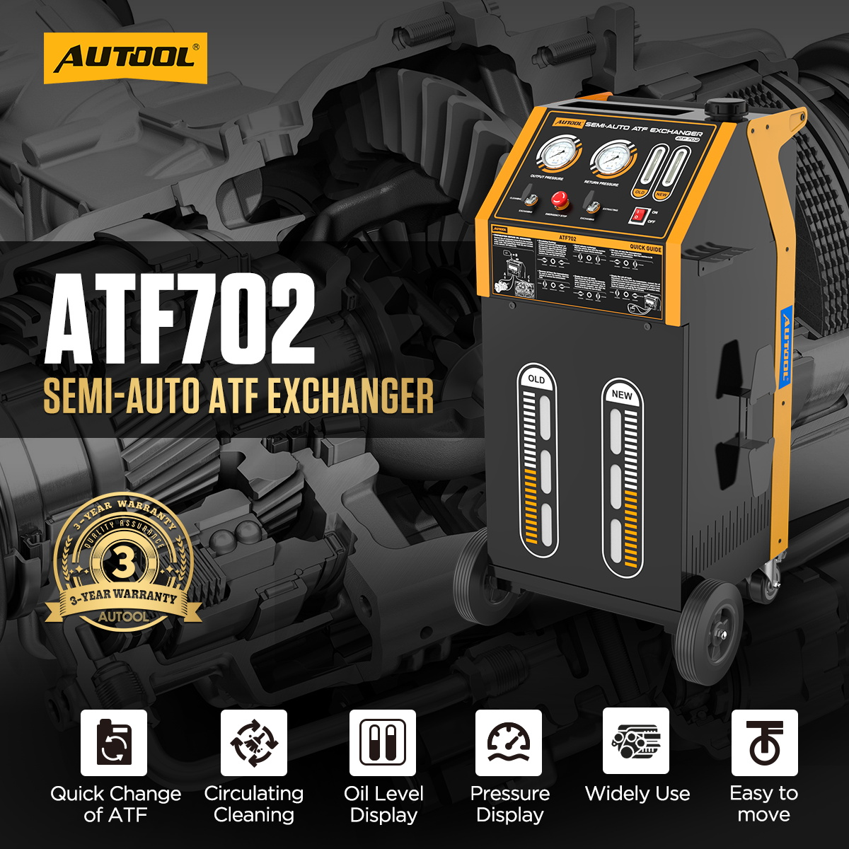 AUTOOL ATF702 semi-auto ATF exchanger main product image with quick ATF change cycle cleaning oil level display and pressure display