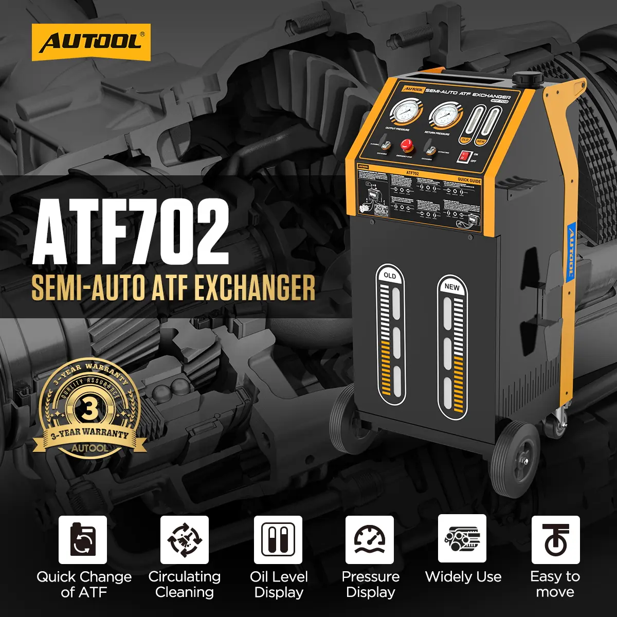 AUTOOL ATF702 semi-auto ATF exchanger main product image with quick ATF change cycle cleaning oil level display and pressure display