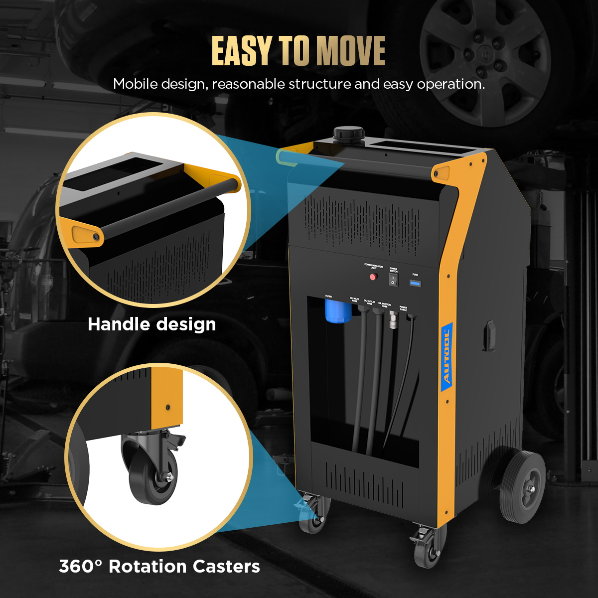AUTOOL ATF702 easy to move handle design and 360 degree rotation casters