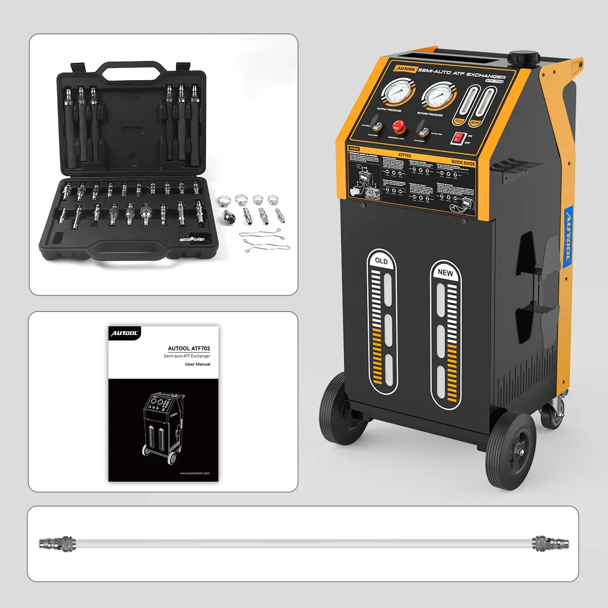 AUTOOL ATF702 packing list with ATF exchanger main unit adapter case user manual and connecting tube