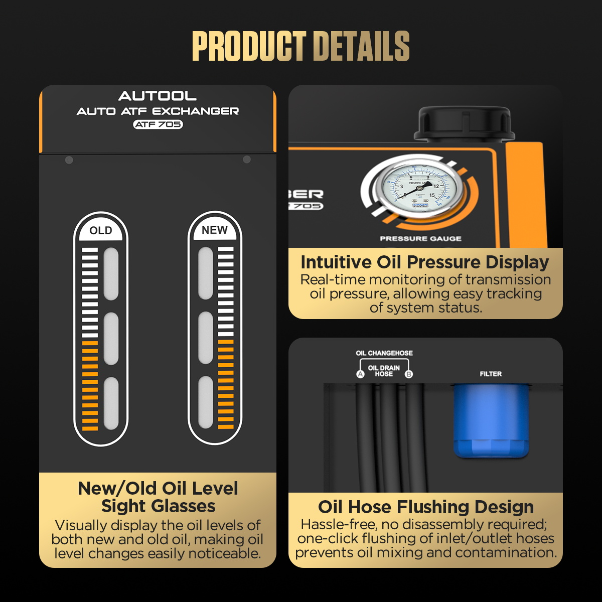 AUTOOL ATF705 product details including oil pressure display oil level sight glasses and oil hose flushing design