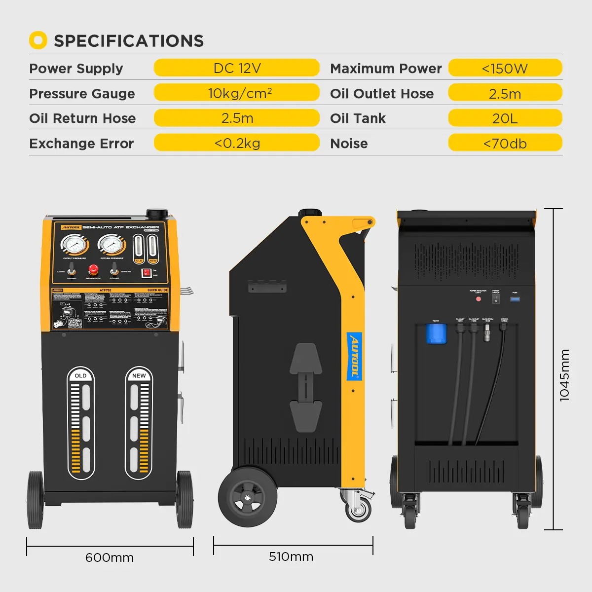 AUTOOL ATF702 specifications including DC 12V power 20L oil tank 2.5m hoses dimensions and noise level