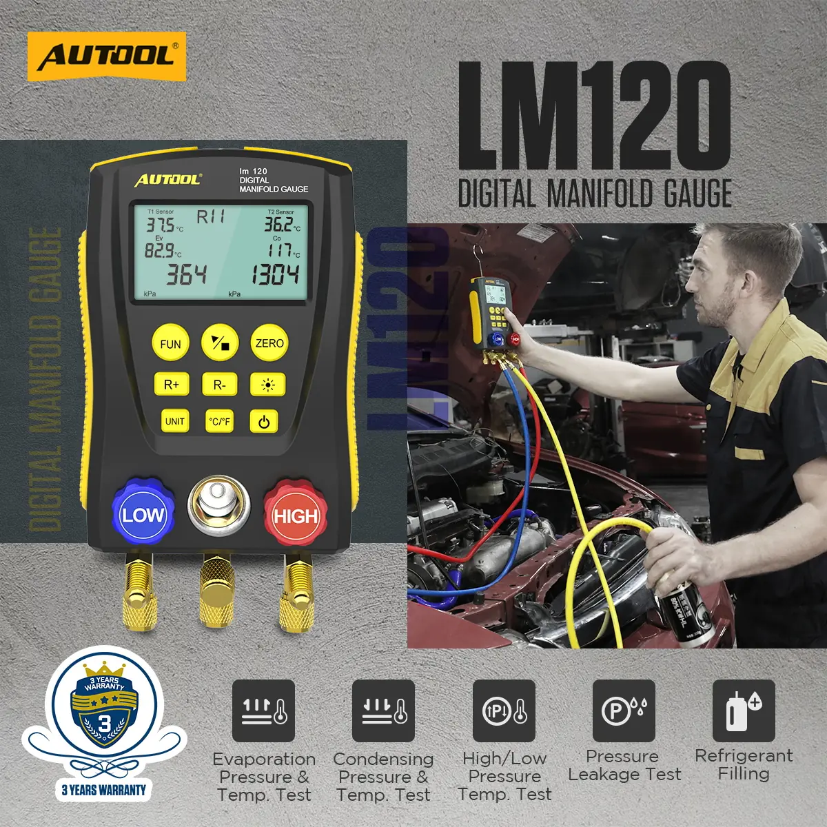 AUTOOL LM120 digital manifold gauge used for A/C pressure temperature leak test and refrigerant filling