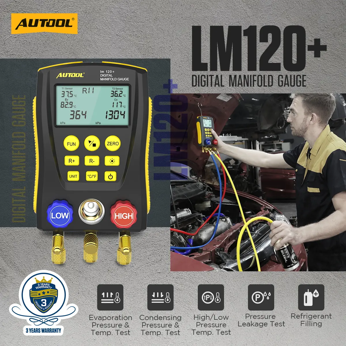 AUTOOL LM120+ digital refrigerant manifold gauge for HVAC and refrigeration service