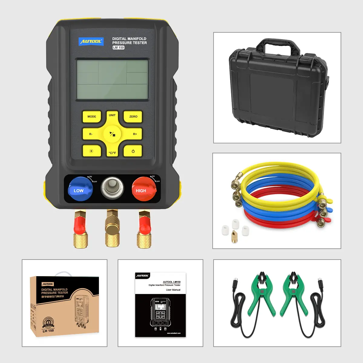 AUTOOL LM150 packing list with main unit storage case hoses adapters manual retail box and two temperature clamp probes