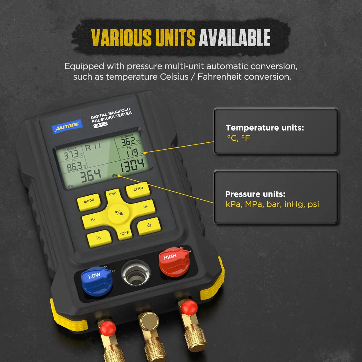 AUTOOL LM150 pressure and temperature unit conversion display