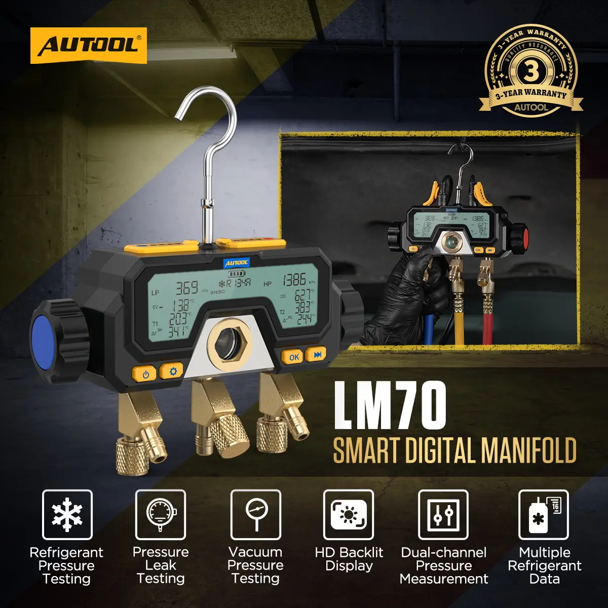 AUTOOL LM70 smart digital manifold main product image showing refrigerant pressure testing vacuum pressure testing backlit display dual-channel pressure measurement and multiple refrigerant data