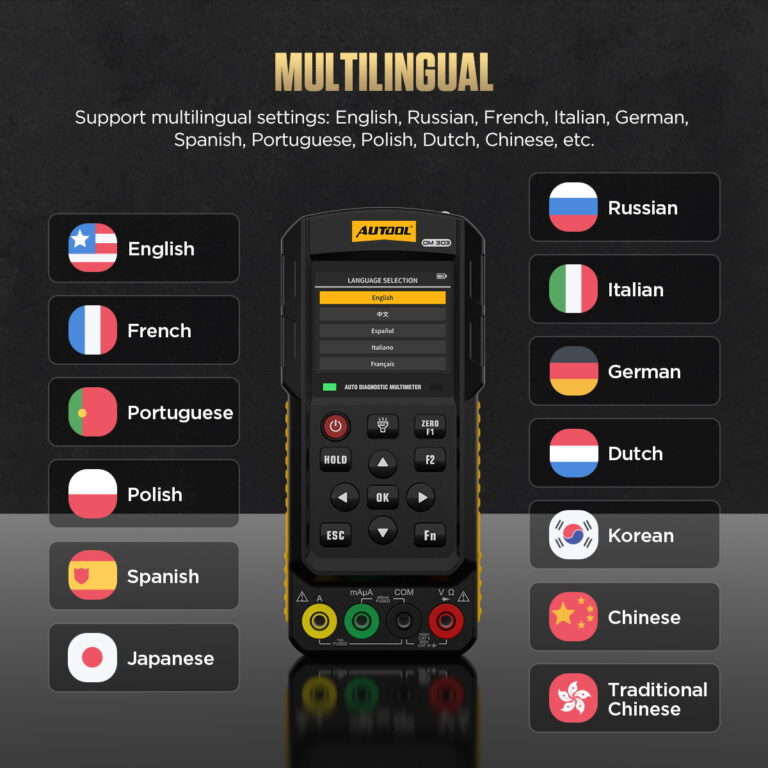 AUTOOL DM303 automotive multimeter multilingual interface