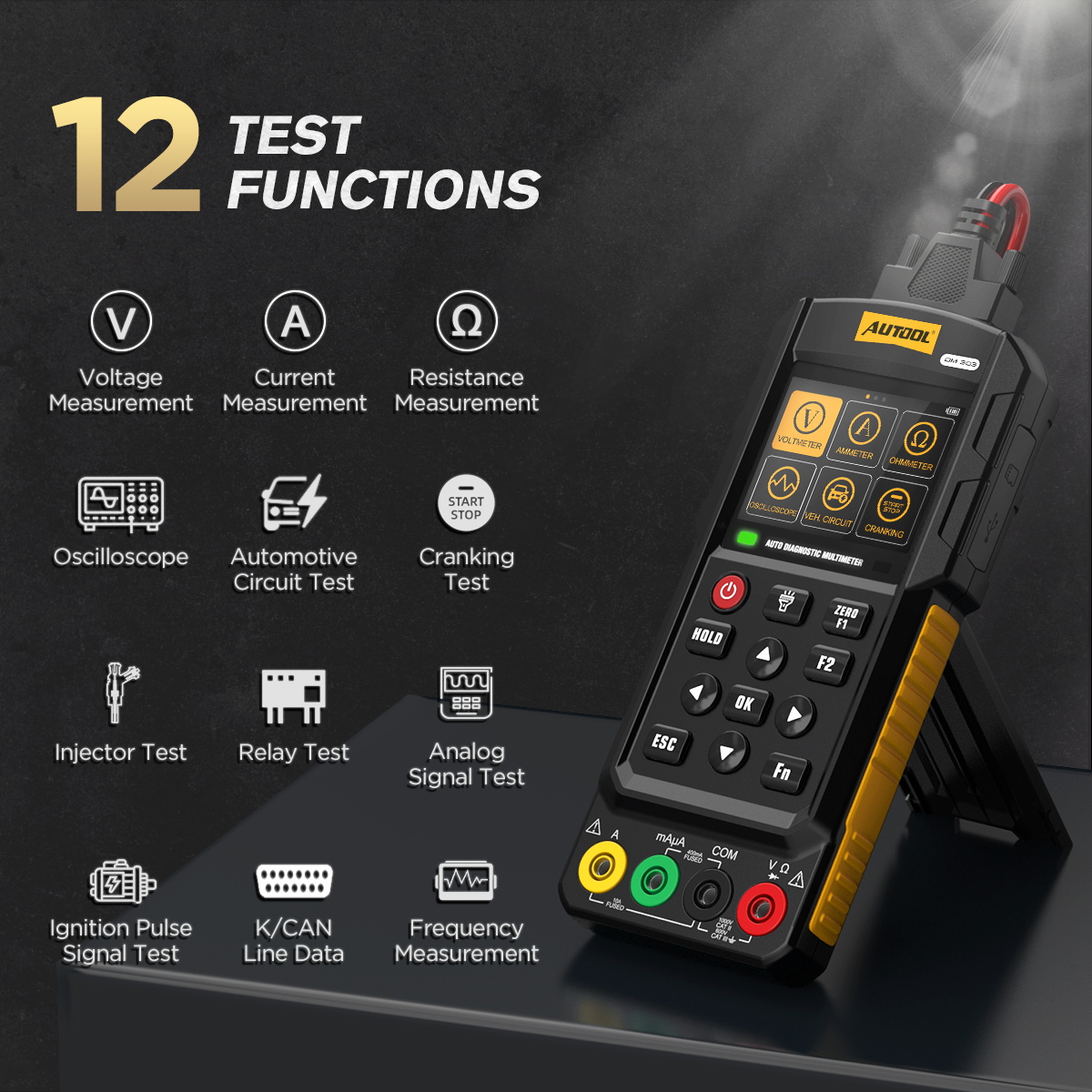 AUTOOL DM303 12 test functions including voltage current resistance oscilloscope circuit cranking injector relay analog ignition K CAN and frequency