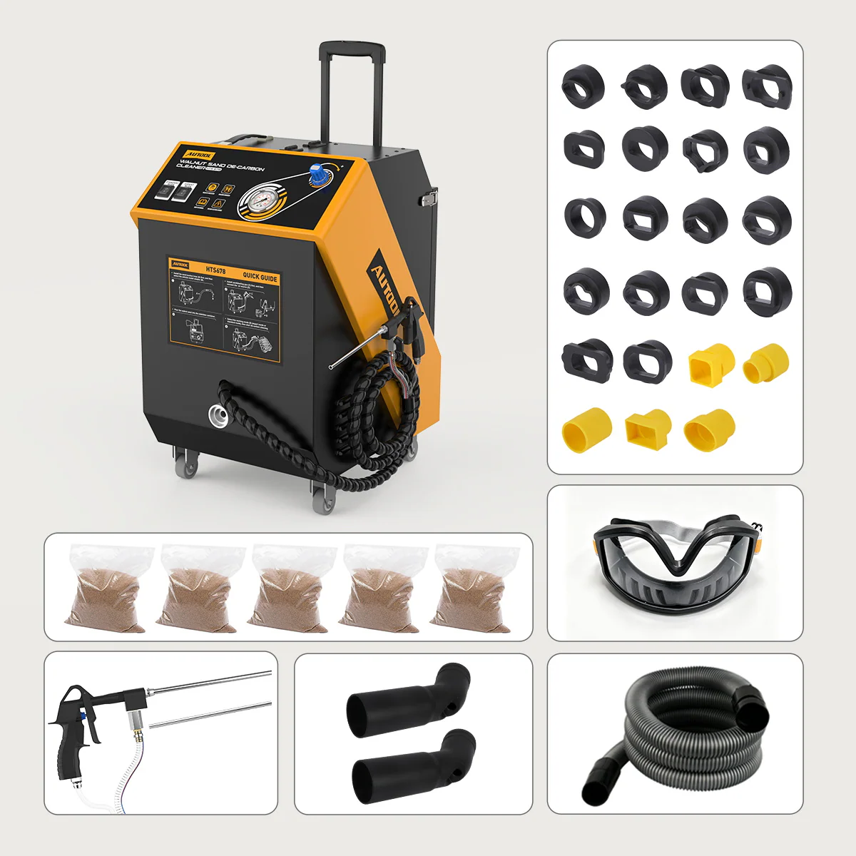 AUTOOL HTS678 package contents: main unit, adapters, goggles, blasting gun, hoses, bends, and walnut media bags