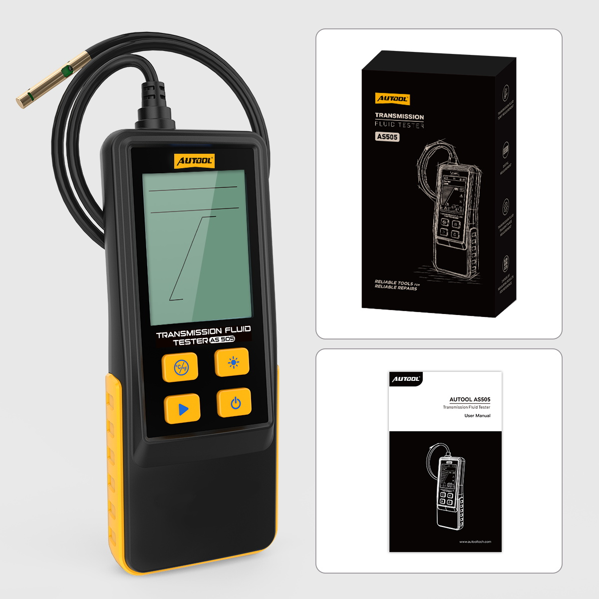 AUTOOL AS505 packing list showing transmission fluid tester retail box and user manual