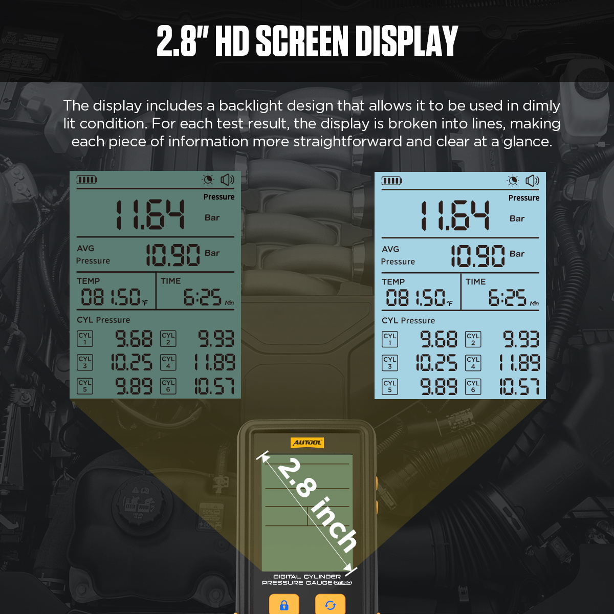 AUTOOL PT610 2.8 inch HD backlit screen display for dimly lit conditions